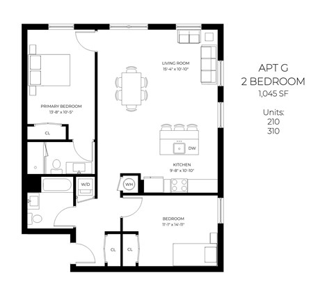 Floor plan for 2 beds, 2 baths, 1045 sqft